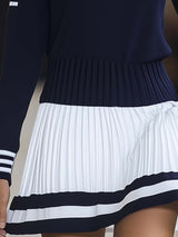 【24-hour shipping out】Fashionable Sports Style Round Neck Navy Blue and White Contrast Mini Dress