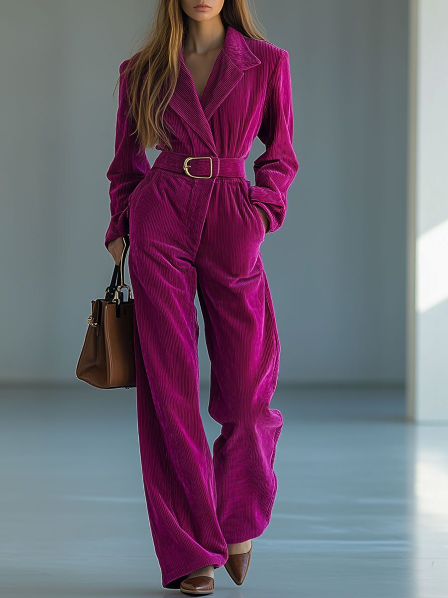 Casual Loose Retro Solid Color Corduroy Lapel Tie Long Sleeve Jumpsuit
