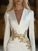 【24-hour shipping out】Elegant and Noble V-neck Waist Detail Print White Slit Midi Dress