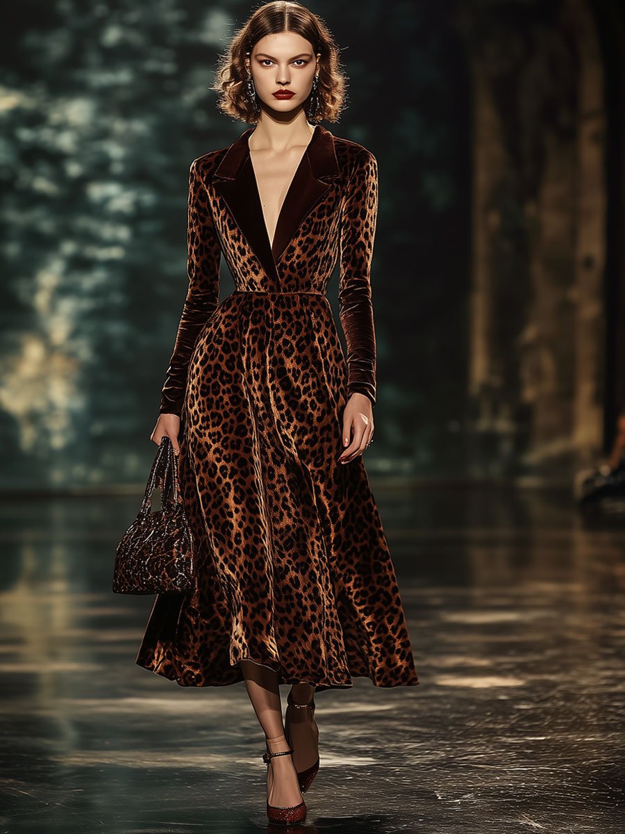 【24-hour shipping out】Lapel Fashion Party Leopard Print Velvet Long Sleeve Midi Dress