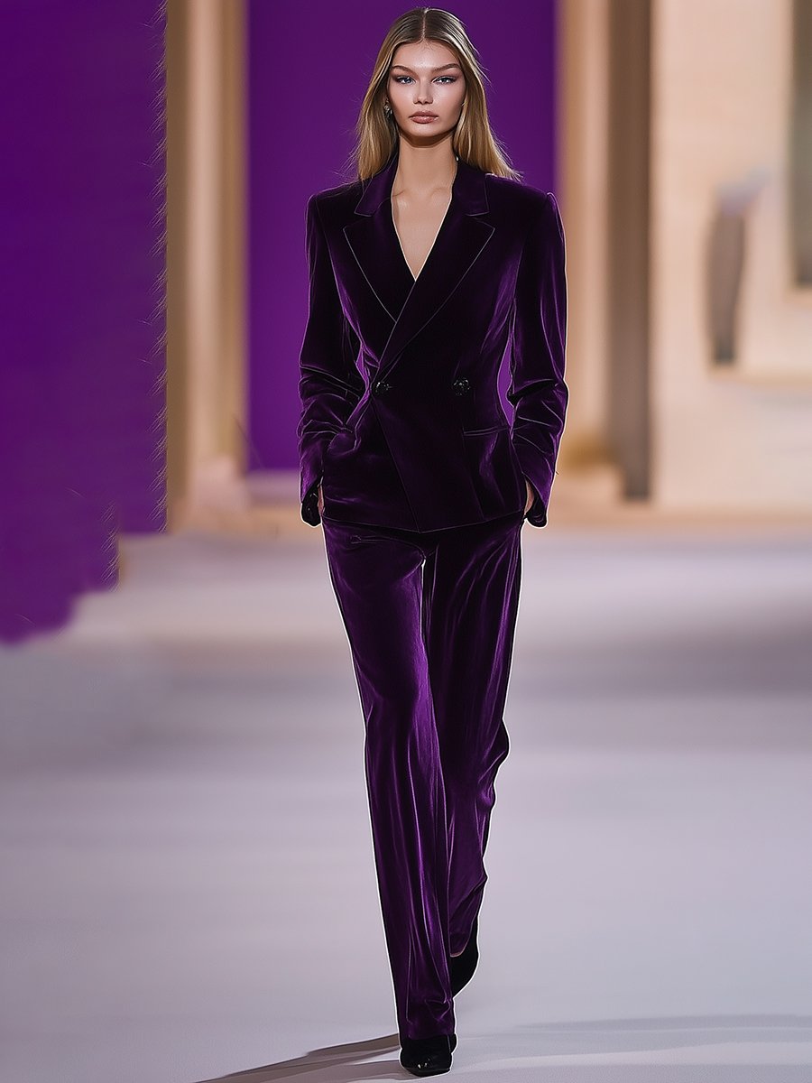 【24-hour shipping out】High-End Temperament Loose Retro Purple Velvet Suit