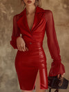【24-hour shipping out】Bright and Moving transparent Mesh Sleeves Red Leather Slim Mini Dress