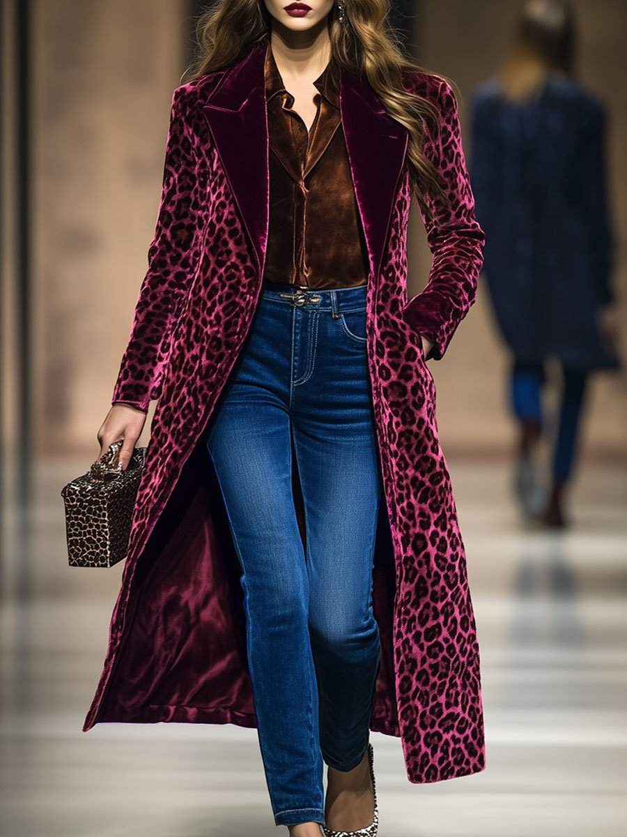 Casual Loose Vintage Velvet Leopard Print Colorblock Lapel Coat