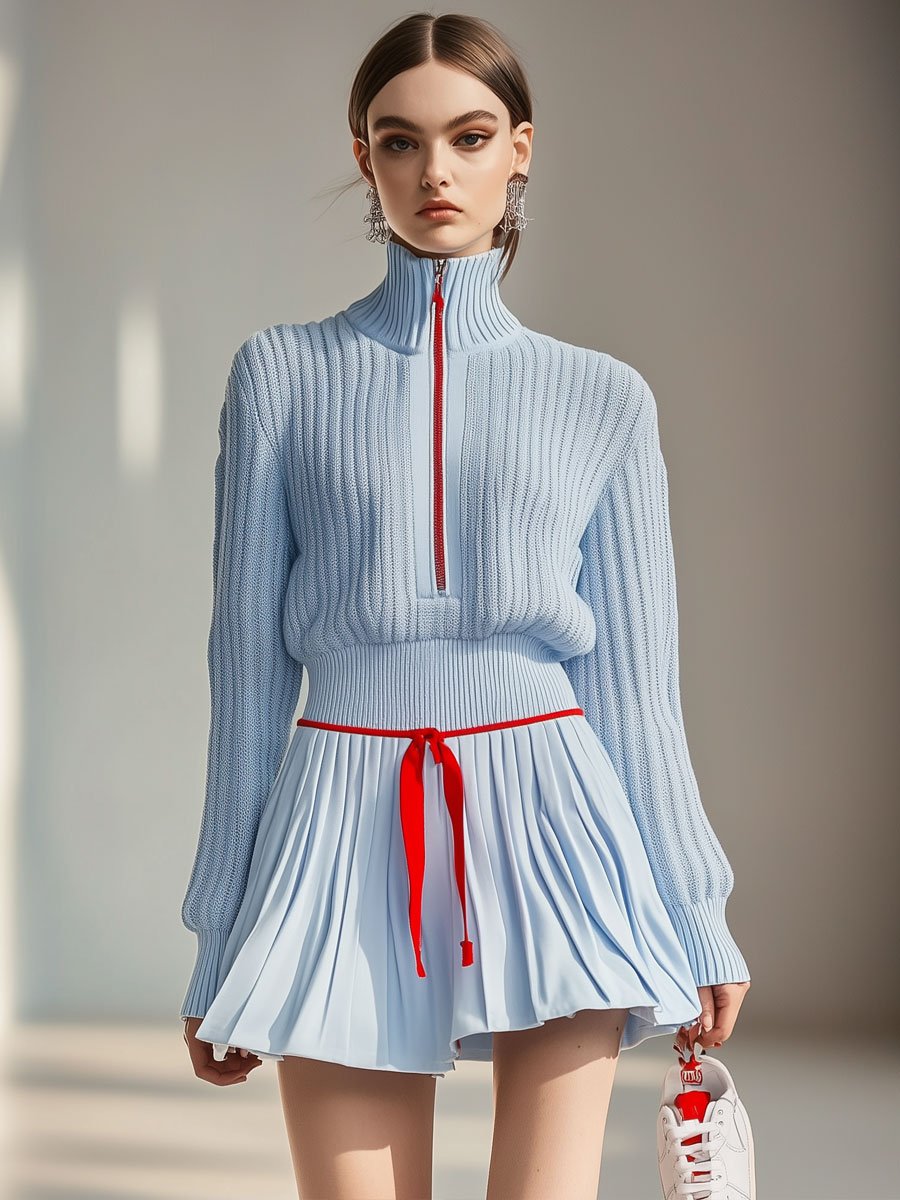 【24-hour shipping out】Casual Fashion Stand Collar Zipper Knitted Sweater Culotte Sports Set