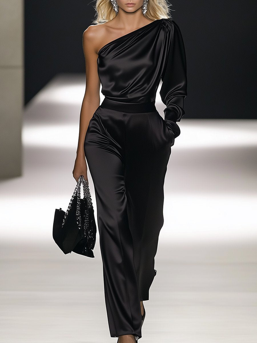 【24-hour shipping out】Elegant Off-the-shoulder Satin Long-sleeved Jumpsuit