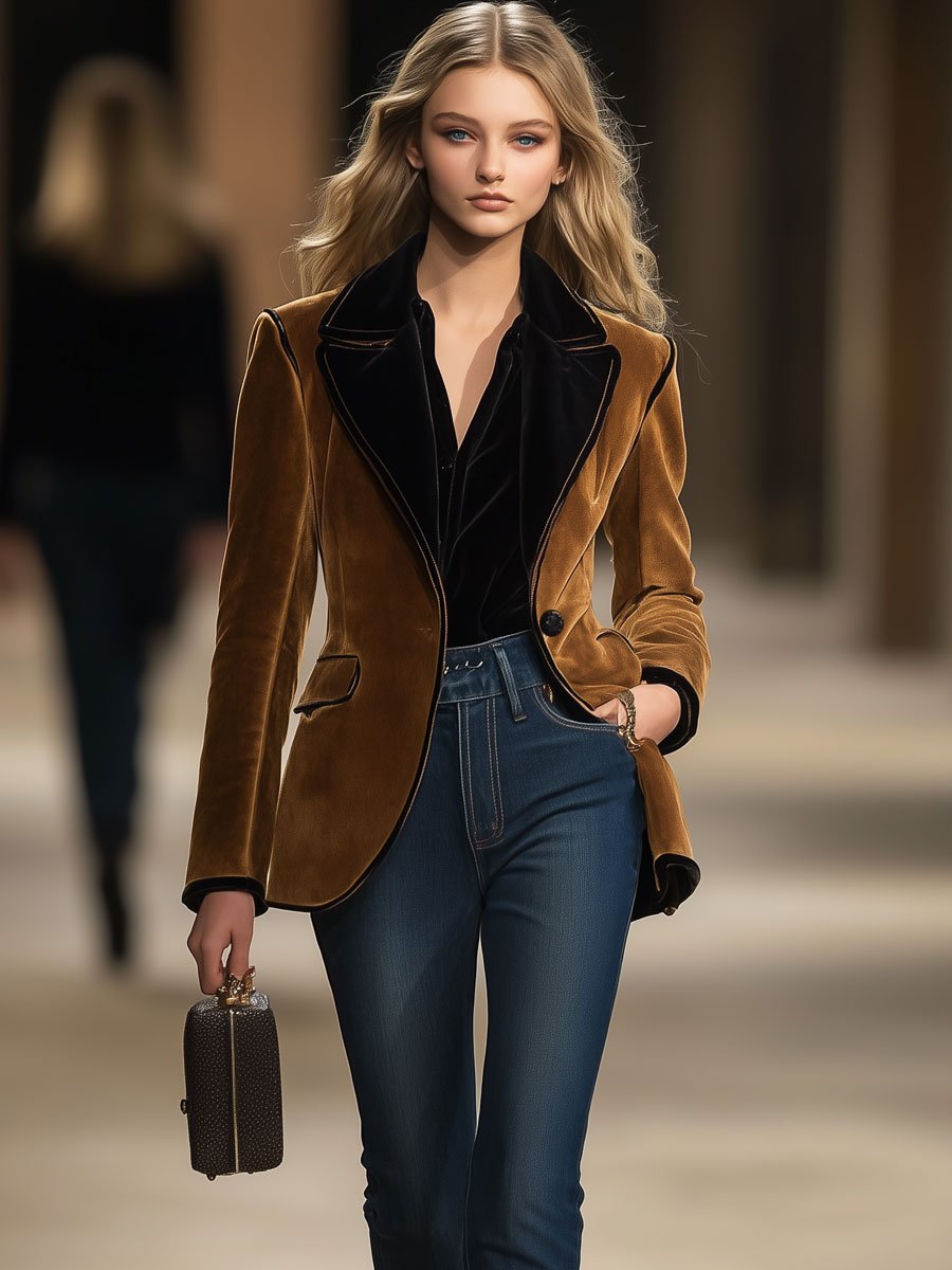 【24-hour shipping out】Casual Loose Vintage Suede Colorblock Lapel Pocket Blazer