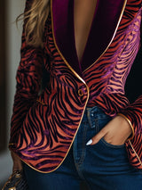 Casual Loose Vintage Velvet Zebra Pattern Gold Wire Striped Lapel Pocket Blazer