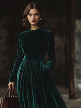 【24-hour shipping out】Stand Collar Loose Party Pocket Solid Velvet Long Sleeve Maxi Dress