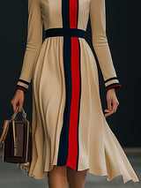 【24-hour shipping out】Elegant Colorblock Long Sleeve Midi Dress