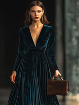 【24-hour shipping out】V-Neck Fashion Party Solid Color Velvet Long-Sleeved Maxi Dress