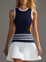 【24-hour shipping out】Fashionable and Energetic Vest-style Navy Blue and White Contrast Mini Dress