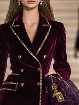 【24-hour shipping out】Casual Vintage Burgundy Velvet Gold Trim Double Breasted Suit Mini Dress