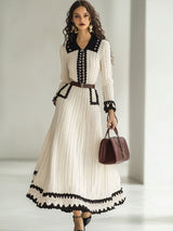 【24-hour shipping out】Fashion Retro Knitted Colorblock Long Sleeve Maxi Dress