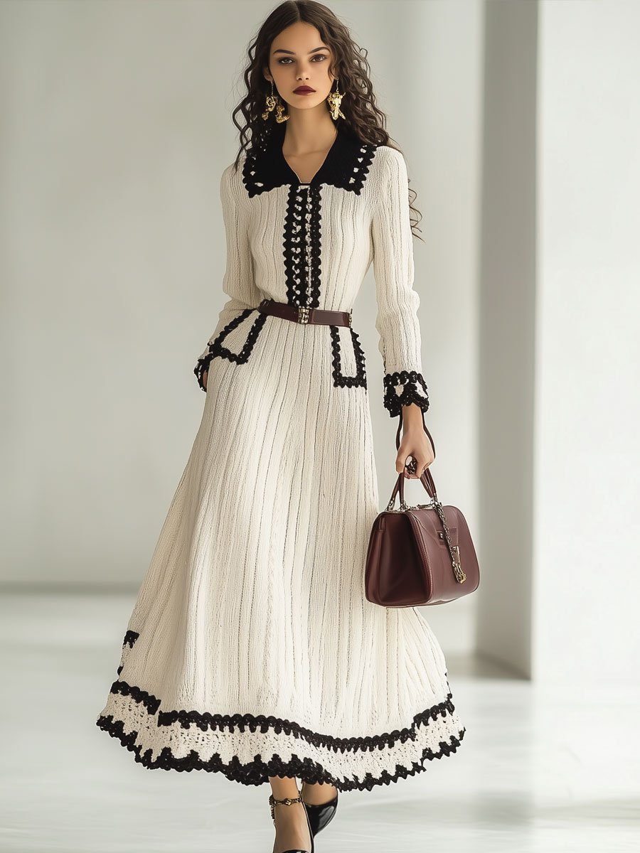 【24-hour shipping out】Fashion Retro Knitted Colorblock Long Sleeve Maxi Dress