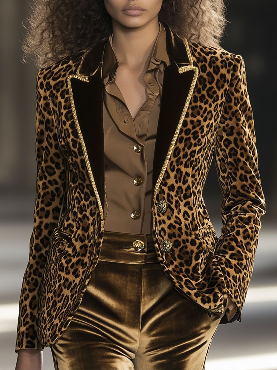 【24-hour shipping out】Casual Fashion Velvet Leopard Print Contrast Lapel Gold Edge Blazer