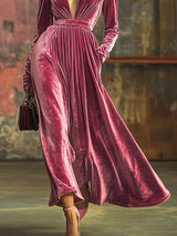 【24-hour shipping out】V-Neck Loose Simple Solid Color Velvet Pocket Long Sleeve Maxi Dress