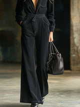 【24-hour shipping out】Casual Multi-Pocket Belted Long Sleeve Black Flared Denim Jumpsuit
