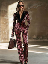 【24-hour shipping out】Casual Loose Retro Velvet Leopard Print Colorblock Lapel Long Sleeve Jumpsuit