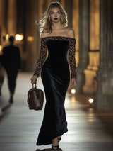 【24-hour shipping】Retro Elegant High-End One-Shoulder Leopard Print Velvet Dress