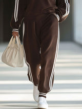 【24-hour shipping out】Casual Loose Retro Striped Polo Collar Zipper Sports Sweatshirt Set