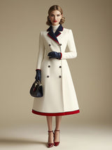 【24-hour shipping out】High-End Retro And Fashionable Double-Breasted Lapel Color-Blocked Long Coat