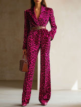 【24-hour shipping out】Casual Loose Retro Velvet Leopard Print Lapel Long Sleeve Jumpsuit