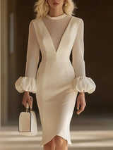 【24-hour shipping out】Elegant Classic Splicing Mesh Puff Sleeve Midi Dress