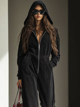 【24-hour shipping out】Casual Loose Vintage Denim Elastic Waist Zipper Hooded Jumpsuit