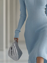 【24-hour shipping out】Fashion Long-sleeved Knitted Off-shoulder Haze Blue Midi Dress