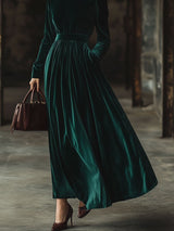 【24-hour shipping out】Stand Collar Loose Party Pocket Solid Velvet Long Sleeve Maxi Dress