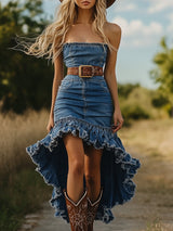 【24-hour shipping out】Retro Fashion Tube Top Short Front Long Back Ruffle Midi Dress