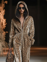 【24-hour shipping out】Casual Loose Vintage Velvet Leopard Print Zipper Hooded Jumpsuit