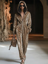 【24-hour shipping out】Casual Loose Vintage Velvet Leopard Print Zipper Hooded Jumpsuit