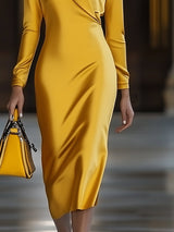 【24-hour shipping out】Fashion Vintage Gold Satin Long Sleeve Midi Dress