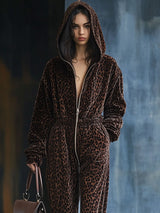 【24-hour shipping out】Casual Loose Vintage Velvet Leopard Print Elastic Waist Zipper Hooded Jumpsuit
