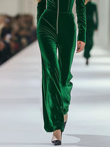 【24-hour shipping out】Casual Loose Retro Long Sleeve Green Velvet Zipper Jumpsuit