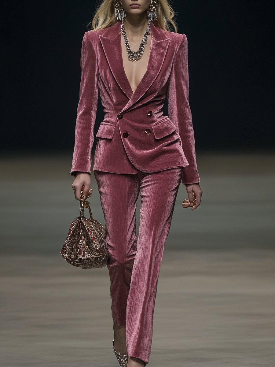 【24-hour shipping out】Vintage Elegant Rose Pink Velvet Suit