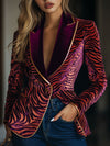 Casual Loose Vintage Velvet Zebra Pattern Gold Wire Striped Lapel Pocket Blazer
