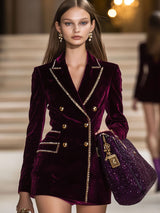【24-hour shipping out】Casual Vintage Burgundy Velvet Gold Trim Double Breasted Suit Mini Dress
