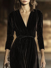 【24-hour shipping out】V-Neck Retro Solid Color Belted Velvet Long-Sleeved Maxi Dress