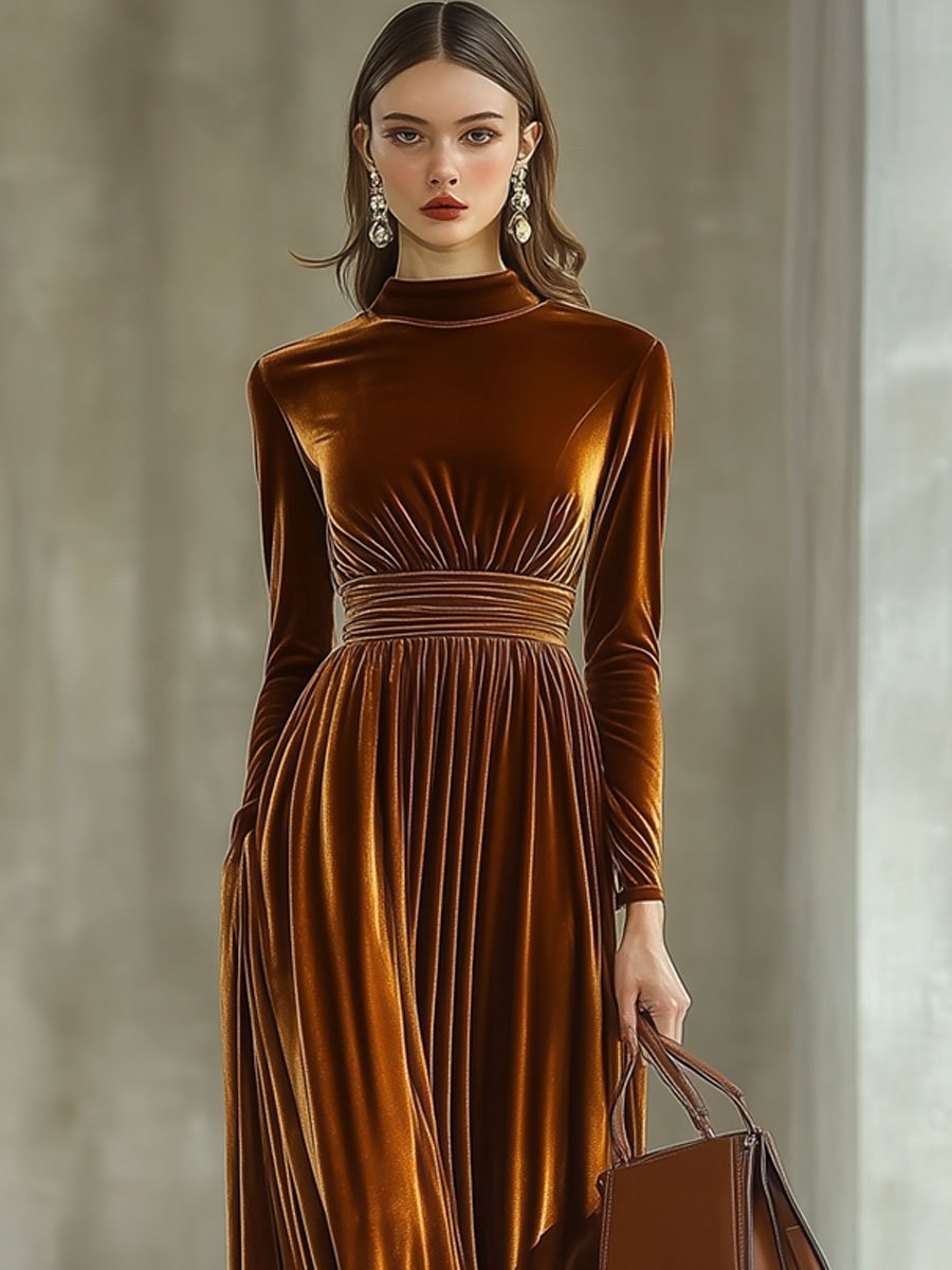 【24-hour shipping out】Solid Color Simple Party Long Sleeve Half Turtleneck Maxi Dress