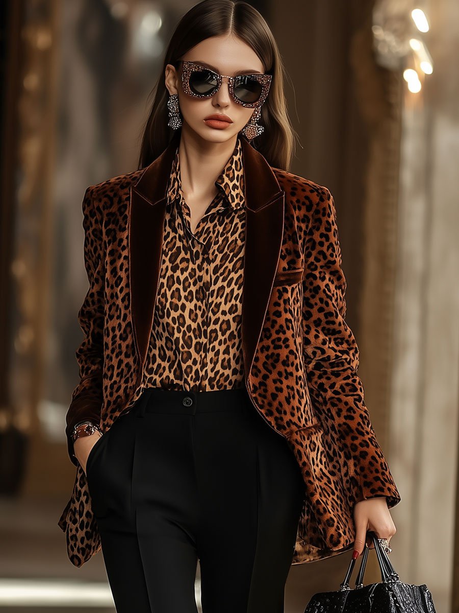 【24-hour shipping out】Casual Loose Retro Velvet Leopard Print Lapel Blazer