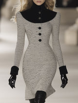 【24-hour shipping out】Retro Elegant Fashionable Stitching Velvet High Collar Tweed Midi Dress