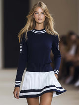 【24-hour shipping out】Fashionable Sports Style Round Neck Navy Blue and White Contrast Mini Dress