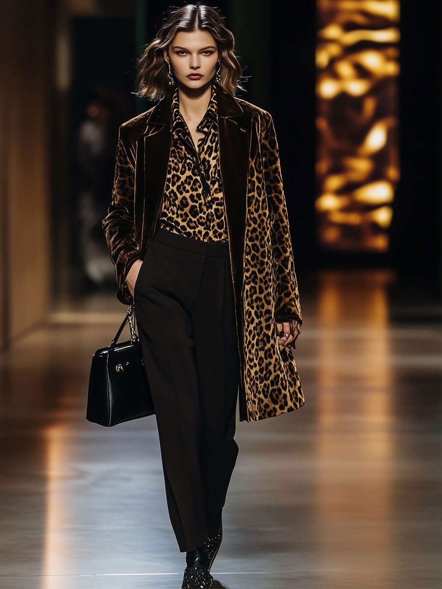 【24-hour shipping out】Casual Loose Vintage Velvet Leopard Print Colorblock Lapel Coat