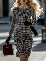 【24-hour shipping out】Retro Elegant High-End Round Neck Houndstooth Dress