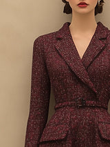 【24-hour shipping out】Vintage Elegant Ankola Red Tweed Lapel Dress