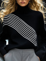 【24-hour shipping out】High-End Fashionable Loose Black And White Line Knitted Sweater
