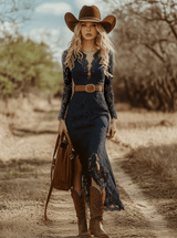 Vintage Bohemian Blue Lace Long Sleeve Midi Dress