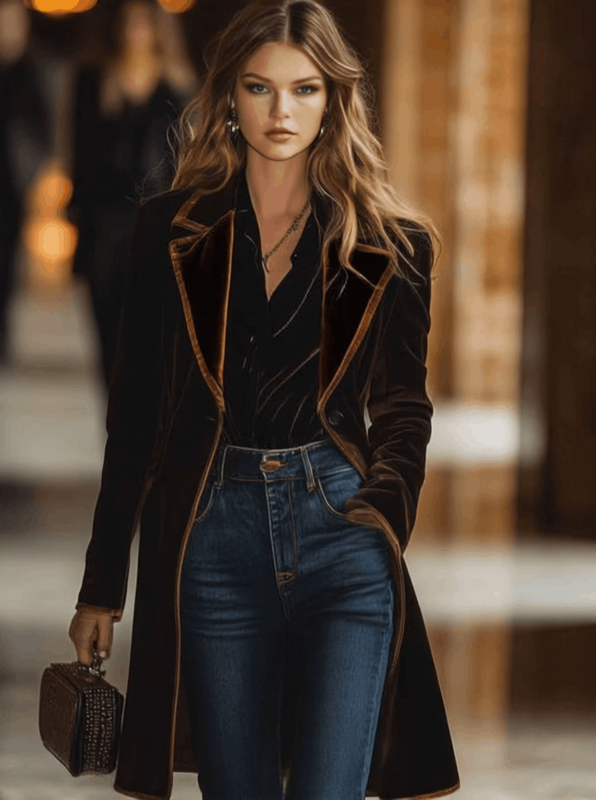 Casual Loose Vintage Velvet Colorblock Lapel Pocket Coat